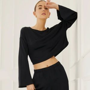 Something Navy Black Silky Long Sleeve Crop Top in size Medium, NWT